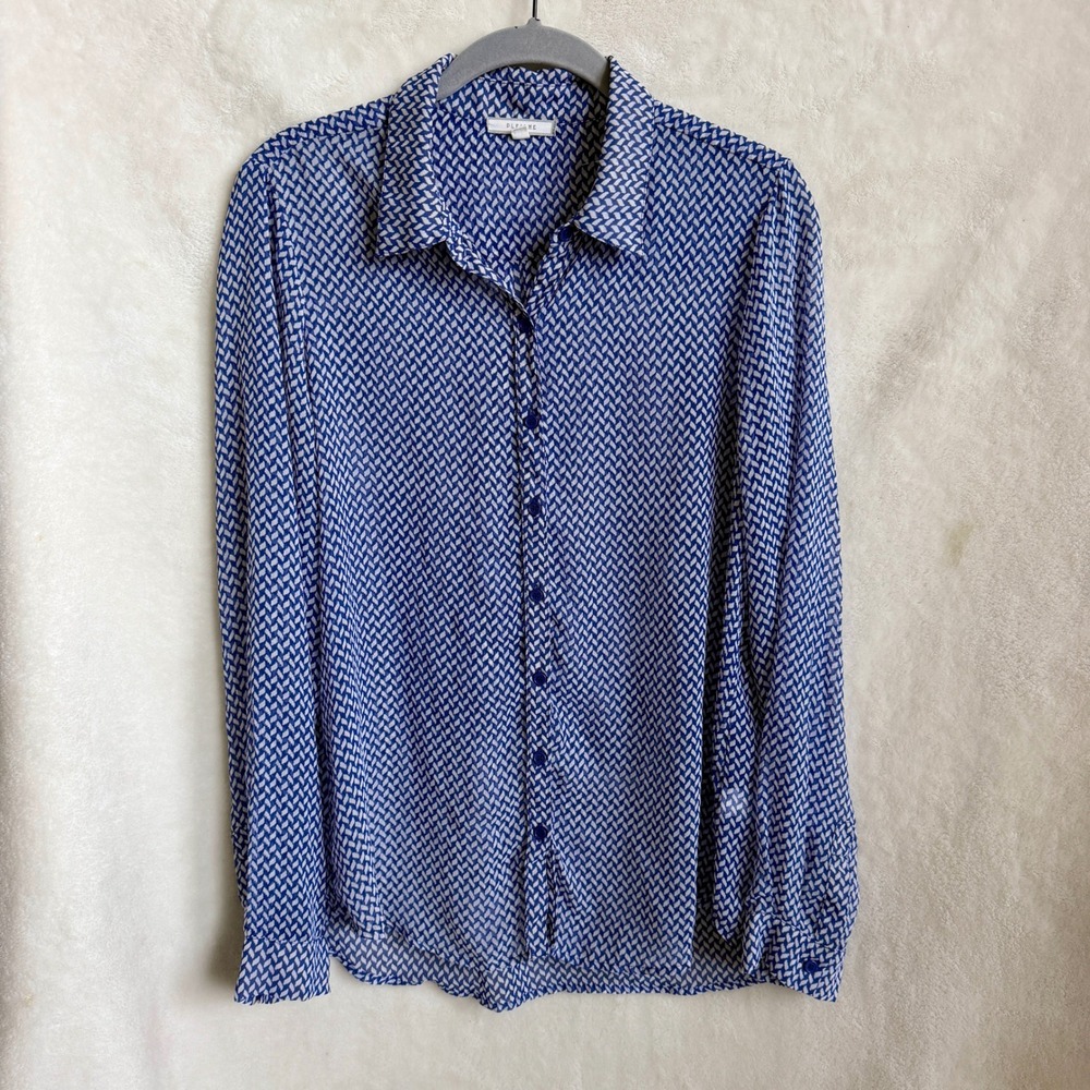 Pleione Anthropologie Navy Geometric Print Sheer Button Down Blouse Size Medium